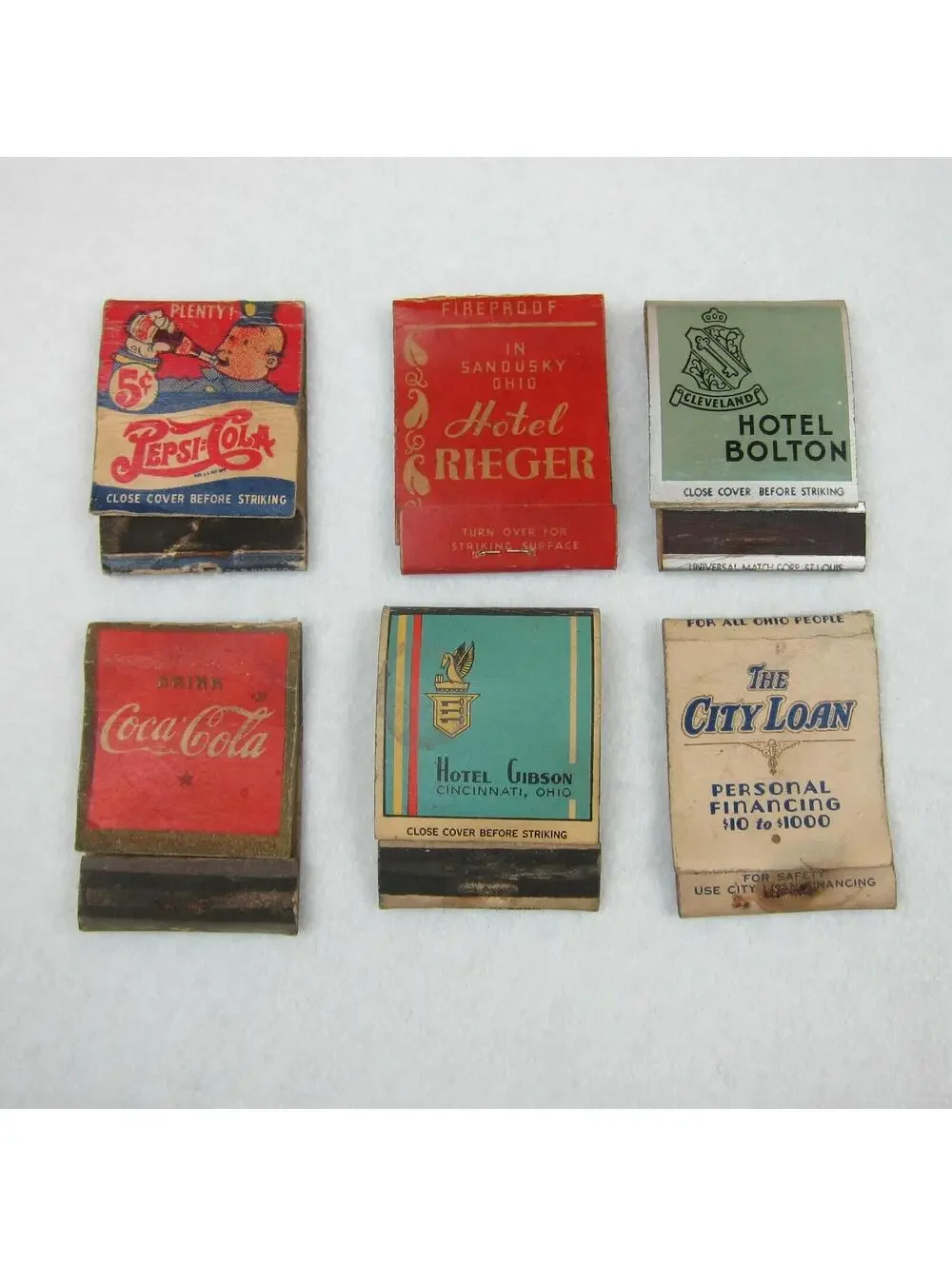 6 Vintage Matchbook Covers Pepsi Cola Double Dot Coca Cola Hotel Rieger Bolton